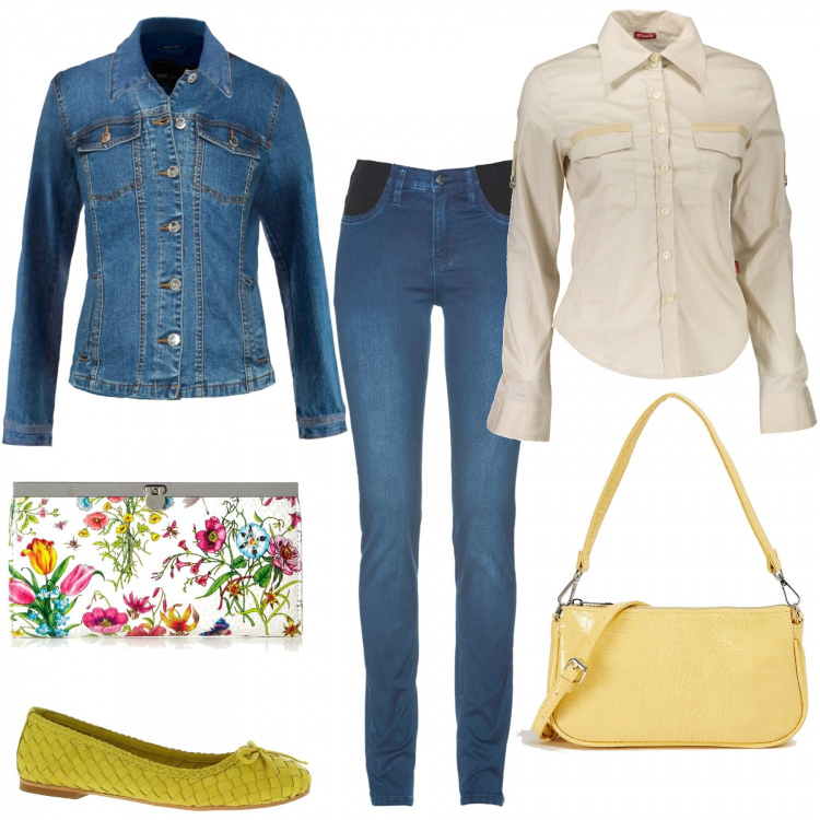 Outfit donna - Colazione basic. Stile Basic per Tutti i giorni. Abbinamento con jeans skinny, blazer, borse a spalla, ballerine, portafogli, camicie.