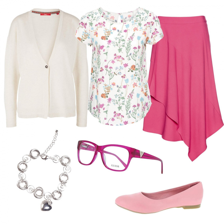 Outfit donna - Pasqua in casa. Stile Bon Ton per Tutti i giorni. Abbinamento con bluse, gonne, braccialetti, occhiali, cardigans, ballerine.