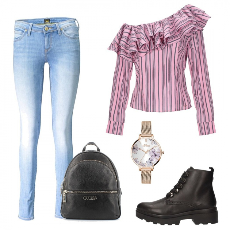 Outfit donna - La blusa a righe. Stile Trendy per Tutti i giorni. Abbinamento con anfibi, zaini, bluse, jeans, orologi analogici.