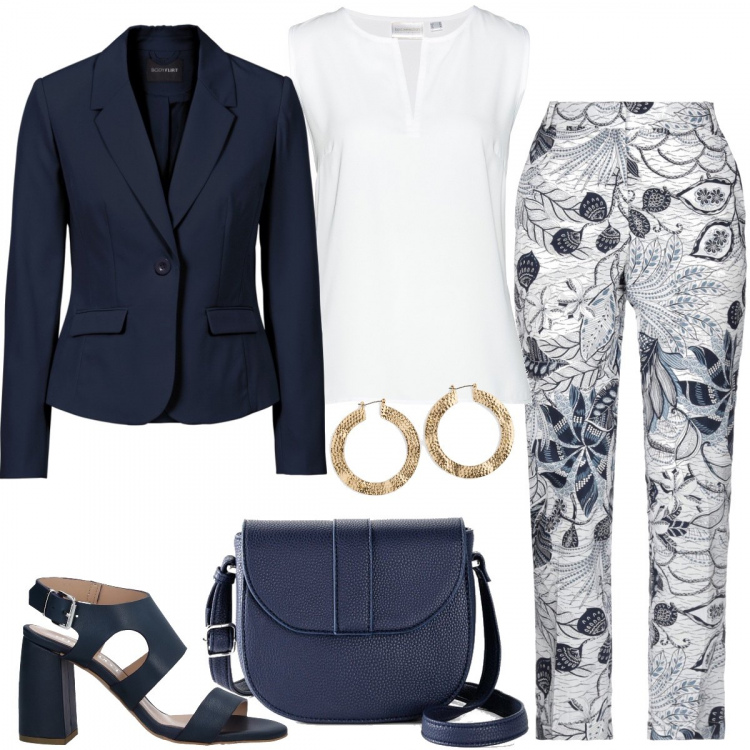 Outfit donna - Vesti bene risparmiando. Stile Basic per Ufficio. Abbinamento con blazer, top, gonne longuette, pantaloni, pantaloni, sandali col tacco.