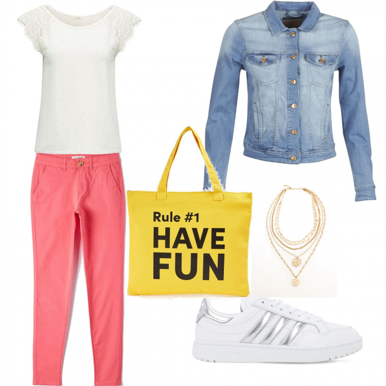 Outfit donna - Colazione con amica. Stile Basic per Tutti i giorni. Abbinamento con collane, pantaloni, shopping bag, blazer, sneakers, t-shirt.