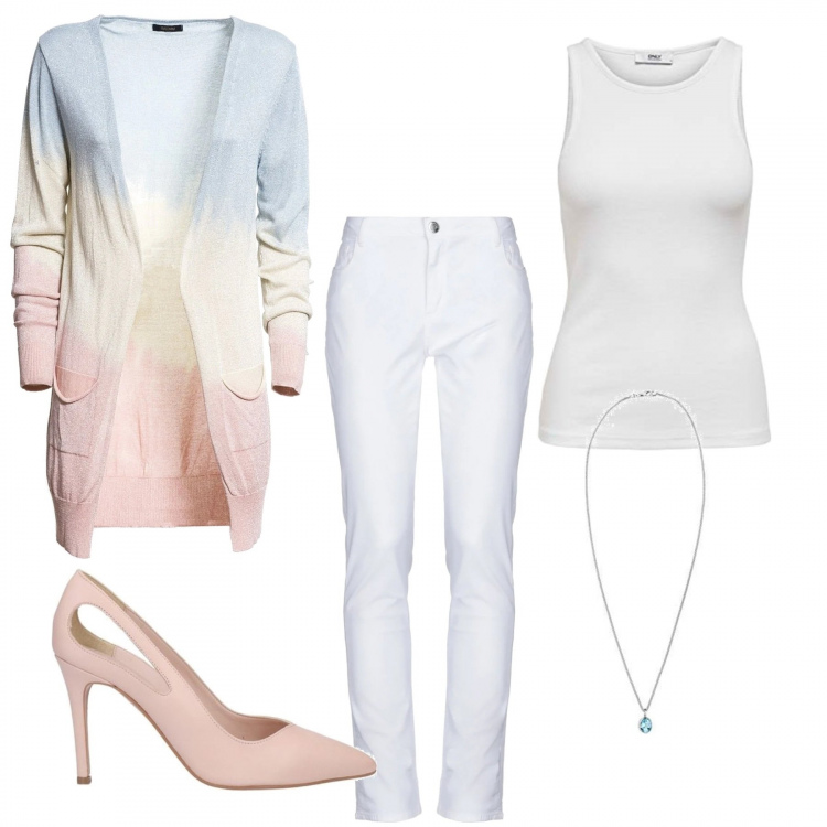 Outfit donna - Semplice. Stile Bon Ton Abbinamento con pantaloni, décolleté, cardigans, ciondoli, canottiere.