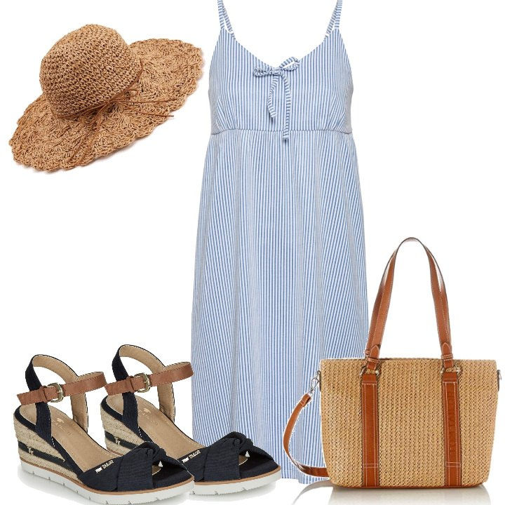 Outfit mujer - A la playa de comida. Estilo Basic para Mar. Combinación con bolso shopper, sandalias, vestidos, sombreros.
