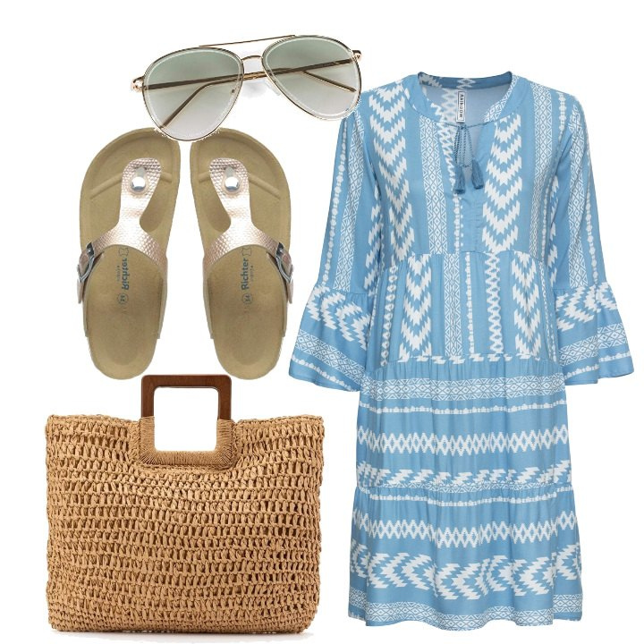 Outfit mujer - De playita. Estilo Basic para Mar. Combinación con gafas de sol, chanclas, vestidos, bolsos de mano.