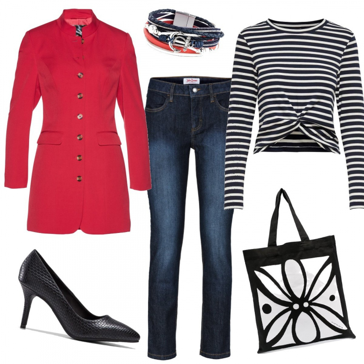 Outfit donna - Blazer lungo. Stile Trendy per Tutti i giorni. Abbinamento con jeans slim fit, blazer, braccialetti, gilet, t-shirt, borse tote.