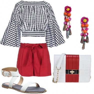 Outfit Top a quadretti e orecchini multicolor