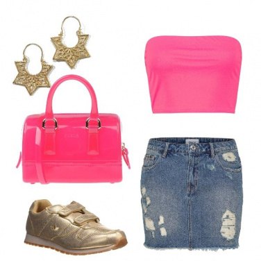 Outfit Denim fucsia e oro