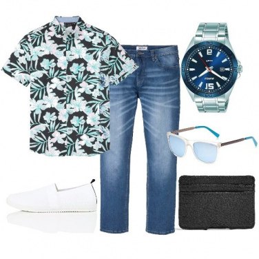 Outfit homme - Une envie de plage. Style Casual pour Bureau. Assortir avec jean coupe droite, chemises à manches courtes, montres analogiques, espadrilles, portefeuille, lunettes de soleil.