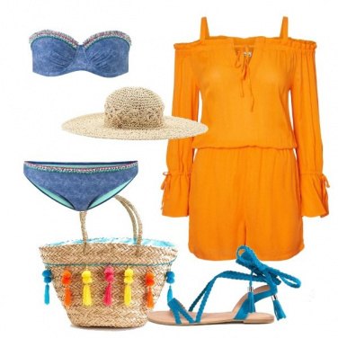 Outfit Playsuit arancione e bikini denim