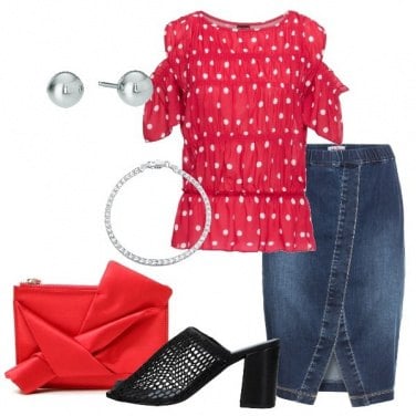 Outfit Gonna in jeans e blusa a pois
