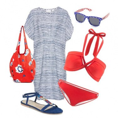 Outfit Rosso e blu in spiaggia