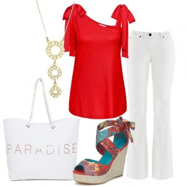 Outfit Jeans bootcut bianco top rosso