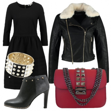 Outfit Total black con un tocco di rosso