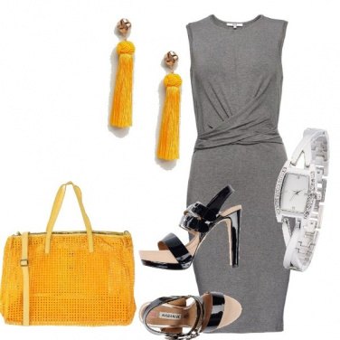 Outfit Tubino grigio e borsa gialla
