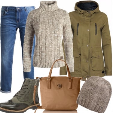 Outfit Modalità autunno, verde e beige