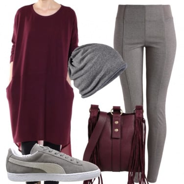 Outfit Sui toni del bordeaux e del grigio