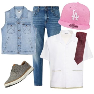 Outfit homme - cravate Hugo. Style Casual pour Tous les jours. Assortir avec sneakers, chemises à manches courtes, gilets sans manche, chapeaux avec visière, jeans, cravates.