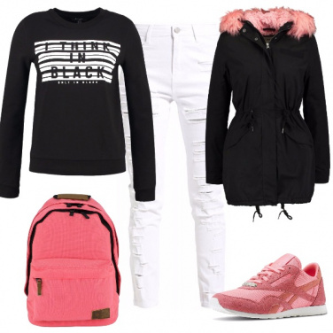 Outfit Nero, bianco e rosa