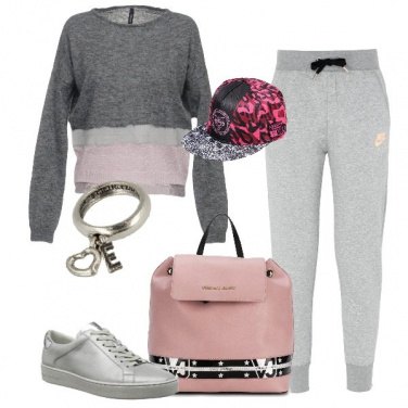 Outfit Griffata in grigio e rosa