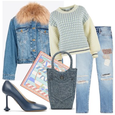 Look alla moda per donna: Pelliccia bianca, Jeans aderenti blu