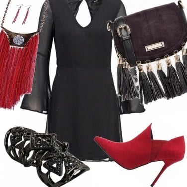 Outfit Girl in black, red and ..fringe
