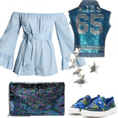 Outfit Smanicato in jeans e paillettes