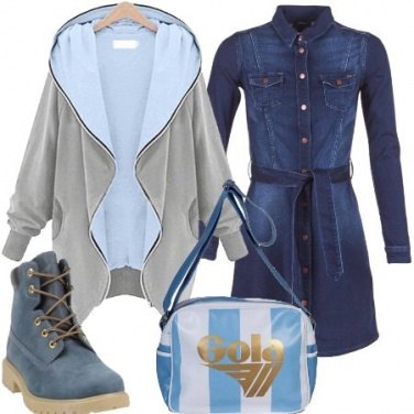 Outfit Vestito in denim e felpa