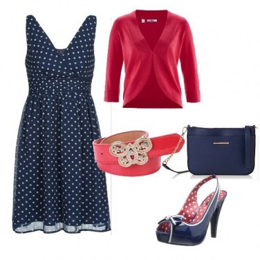 Outfit Abito a pois, tacco blu e tocco rosso
