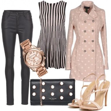 Outfit Caban a pois e righe chic