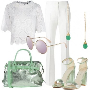 Outfit Top di pizzo bianco e verde metallico