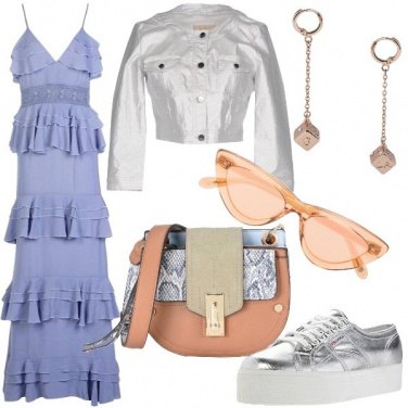 Outfit Vestito lungo a balze e denim metallico
