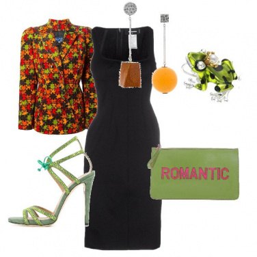 Outfit Tubino nero con dettagli verdi e arancio
