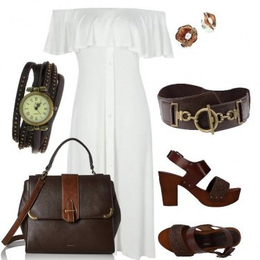 Outfit Abito bianco con accessori marroni