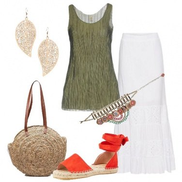 Outfit Gonna in sangallo e tracolla in paglia