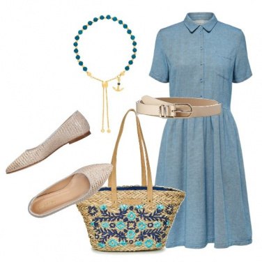 Outfit Vestito in jeans e ballerine in paglia