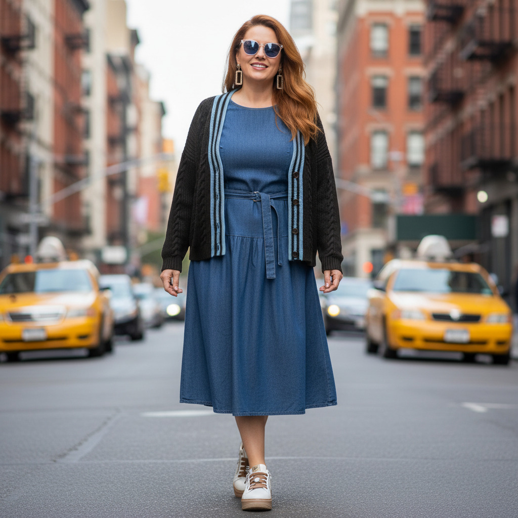 Outfit donna - City look. Stile Bon Ton per Tutti i giorni. Abbinamento con vestiti lunghi, cardigans, occhiali da sole, orecchini, sneakers. - Virtual Try-On