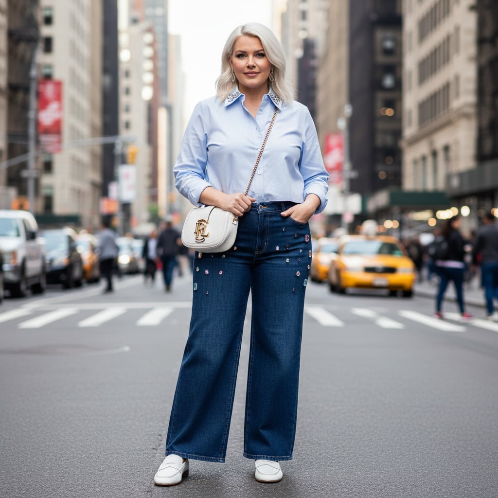 Outfit donna - Casual chic. Stile Casual chic per Tutti i giorni. Abbinamento con jeans, camicie, mocassini, orecchini, borse a tracolla. - Virtual Try-On