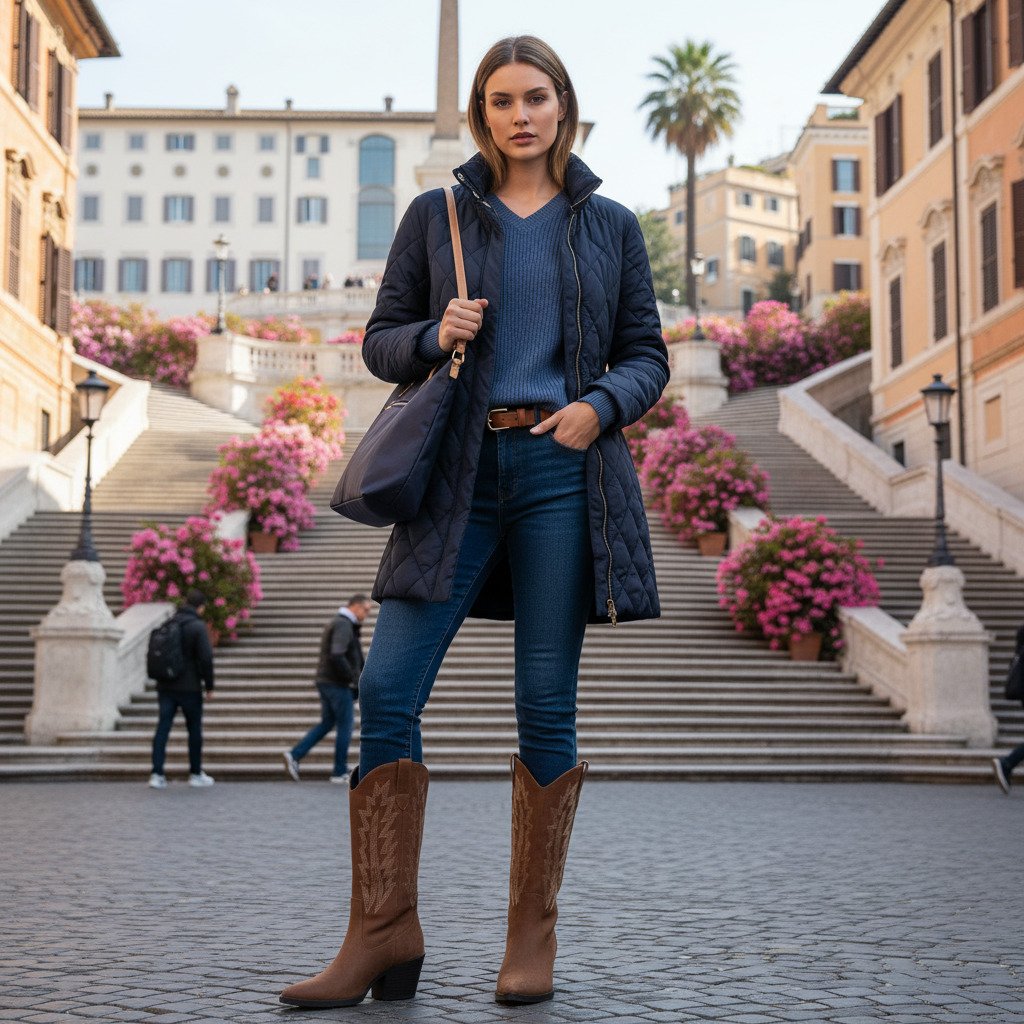 Outfit donna - Autunno: giaccone trapuntato. Stile Casual per Tutti i giorni. Abbinamento con blazer, jeans strappati, stivali, shopping bag, maglieria, cinture. - Virtual Try-On