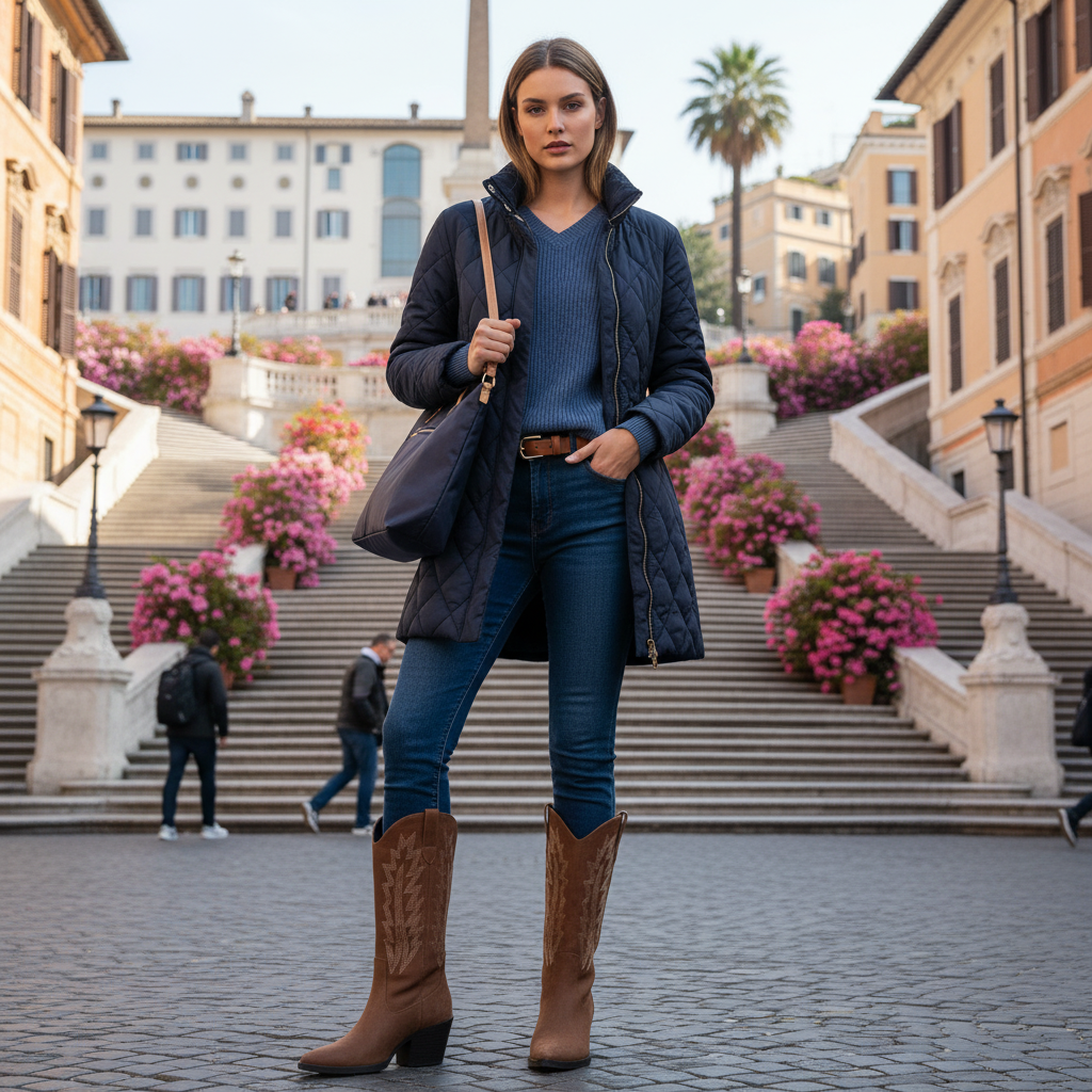 Outfit donna - Autunno: giaccone trapuntato. Stile Casual per Tutti i giorni. Abbinamento con blazer, jeans strappati, stivali, shopping bag, maglieria, cinture. - Virtual Try-On