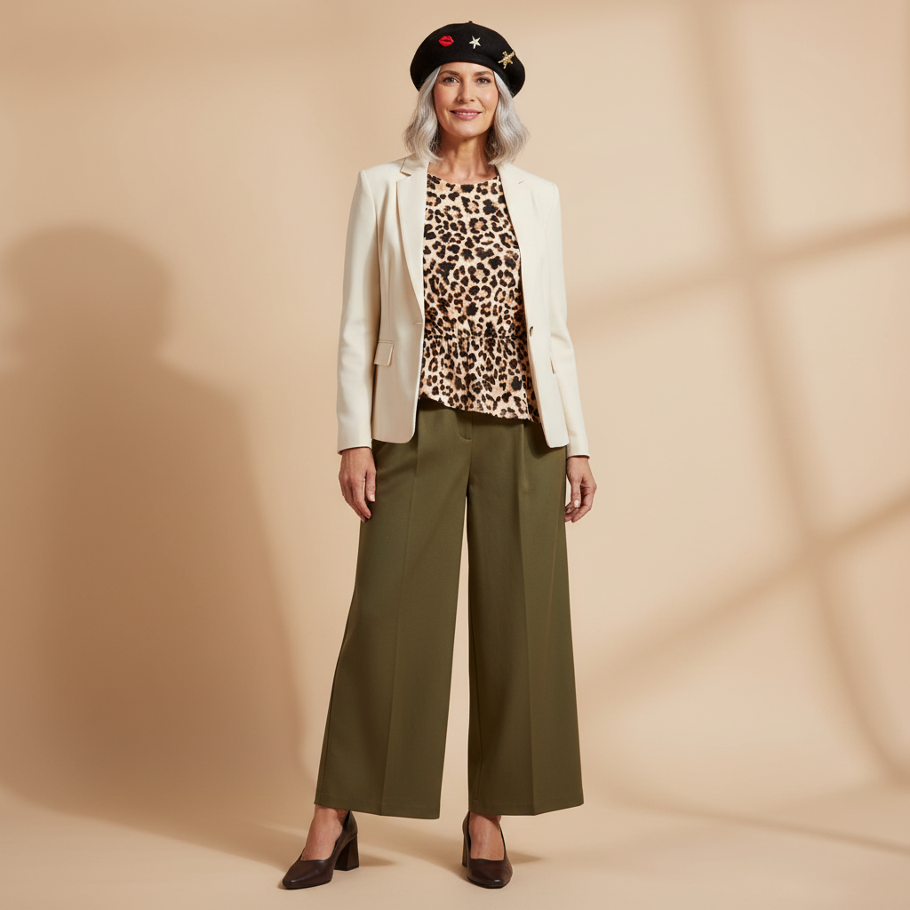 Outfit donna - Allure parigina. Stile Bon Ton per Tutti i giorni. Abbinamento con cappelli e berretti, blazer, top, décolleté, pantaloni. - Virtual Try-On