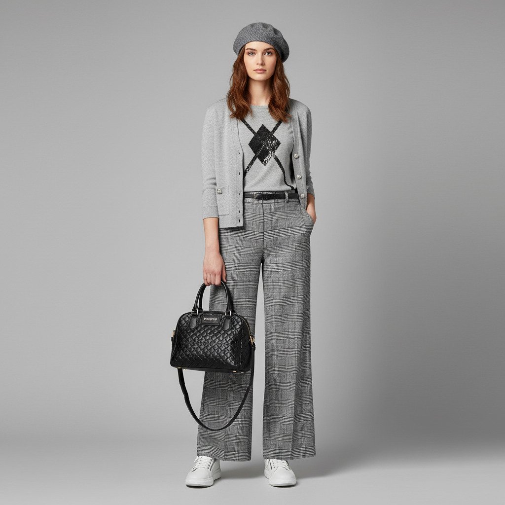 Outfit donna - Total look #2257710. Stile Sporty chic per Scuola/Università. Abbinamento con t-shirt, pantaloni, cardigans, sneakers, borse a spalla, cappelli e berretti. - Virtual Try-On