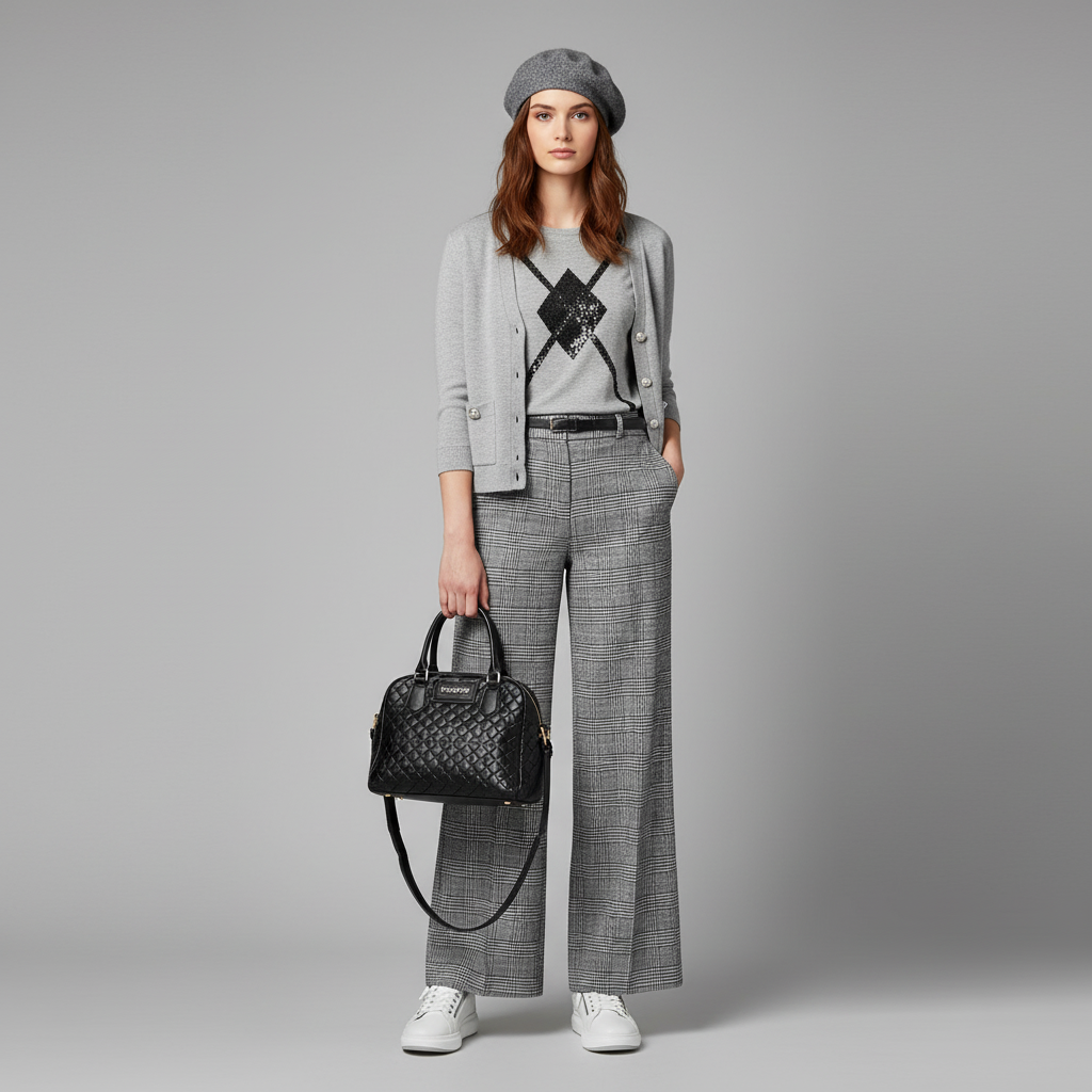 Outfit donna - Total look #2257710. Stile Sporty chic per Scuola/Università. Abbinamento con t-shirt, pantaloni, cardigans, sneakers, borse a spalla, cappelli e berretti. - Virtual Try-On