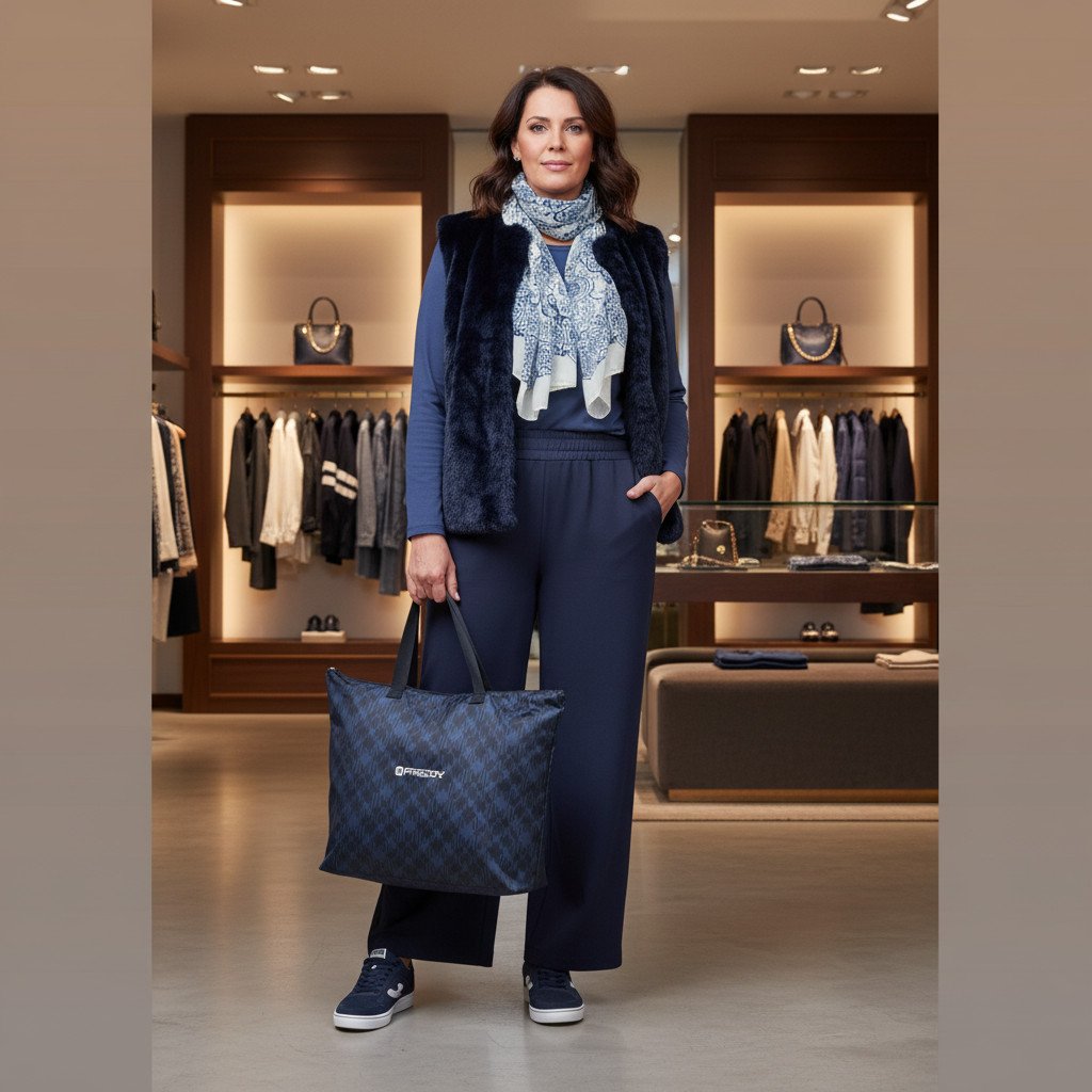 Outfit donna - Total look #2258974. Stile Sporty chic per Tutti i giorni. Abbinamento con gilet, pantaloni, t-shirt, shopping bag, sneakers, foulard. - Virtual Try-On