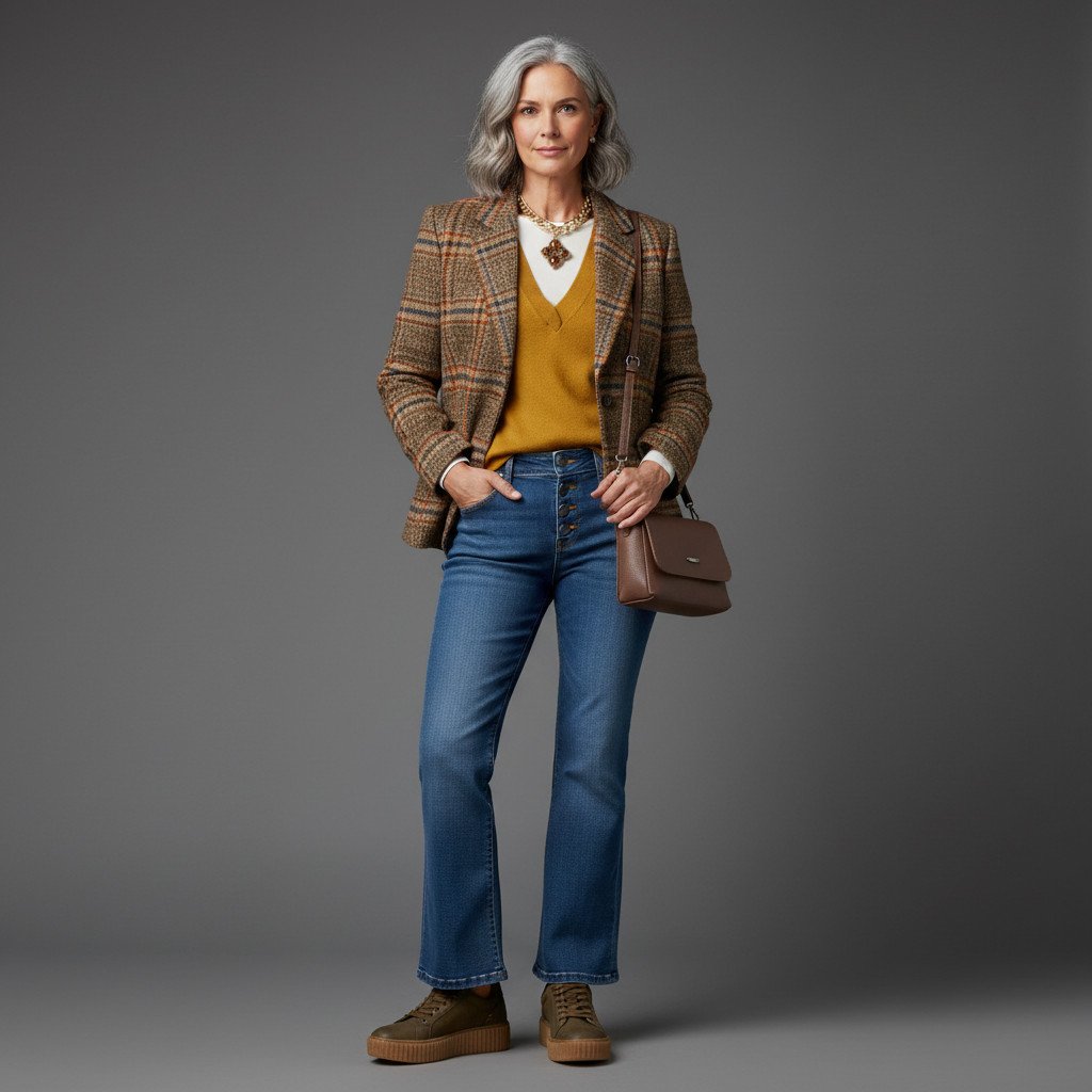 Outfit donna - In ottobre. Stile Casual per Tutti i giorni. Abbinamento con jeans a zampa, collane, borse a tracolla, blazer, sneakers, maglieria. - Virtual Try-On