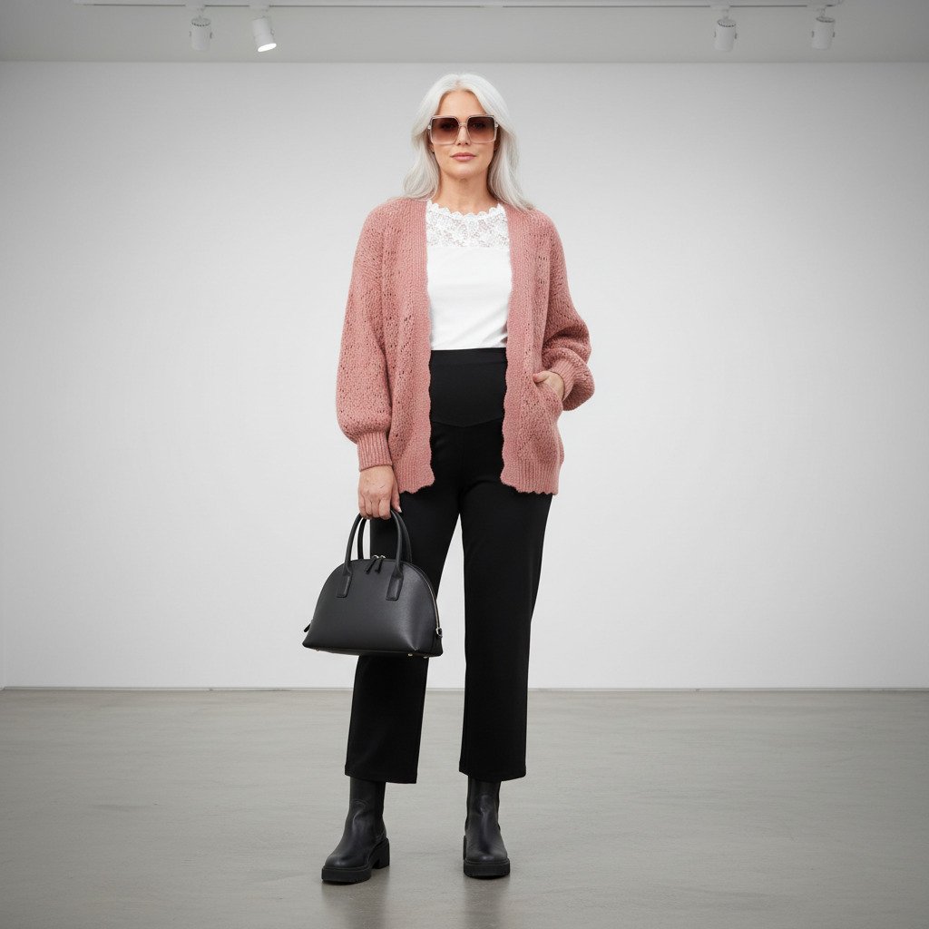 Outfit donna - Naturali ma mai banali. Stile Bon Ton per Ufficio. Abbinamento con cardigans, pantaloni, occhiali da sole, bluse, shopping bag, stivaletti. - Virtual Try-On
