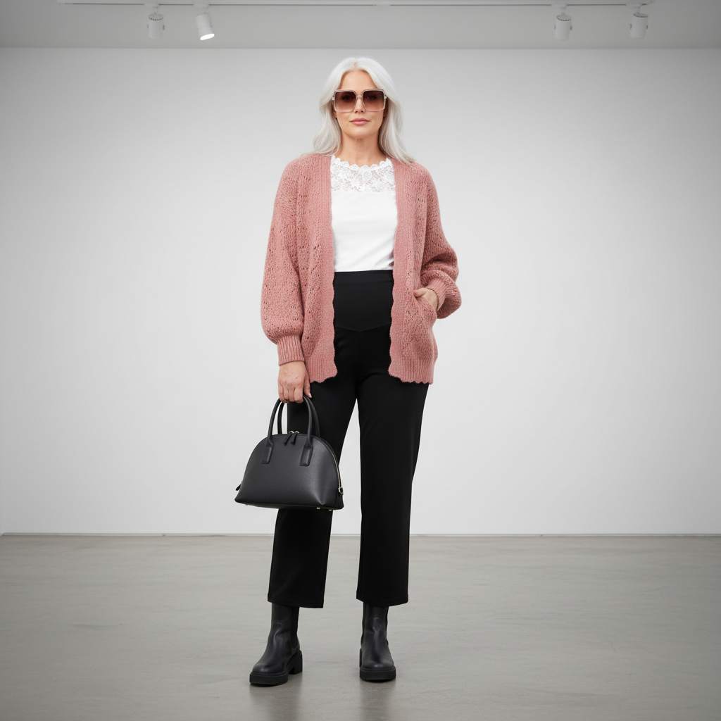 Outfit donna - Naturali ma mai banali. Stile Bon Ton per Ufficio. Abbinamento con cardigans, pantaloni, occhiali da sole, bluse, stivaletti, shopping bag. - Virtual Try-On