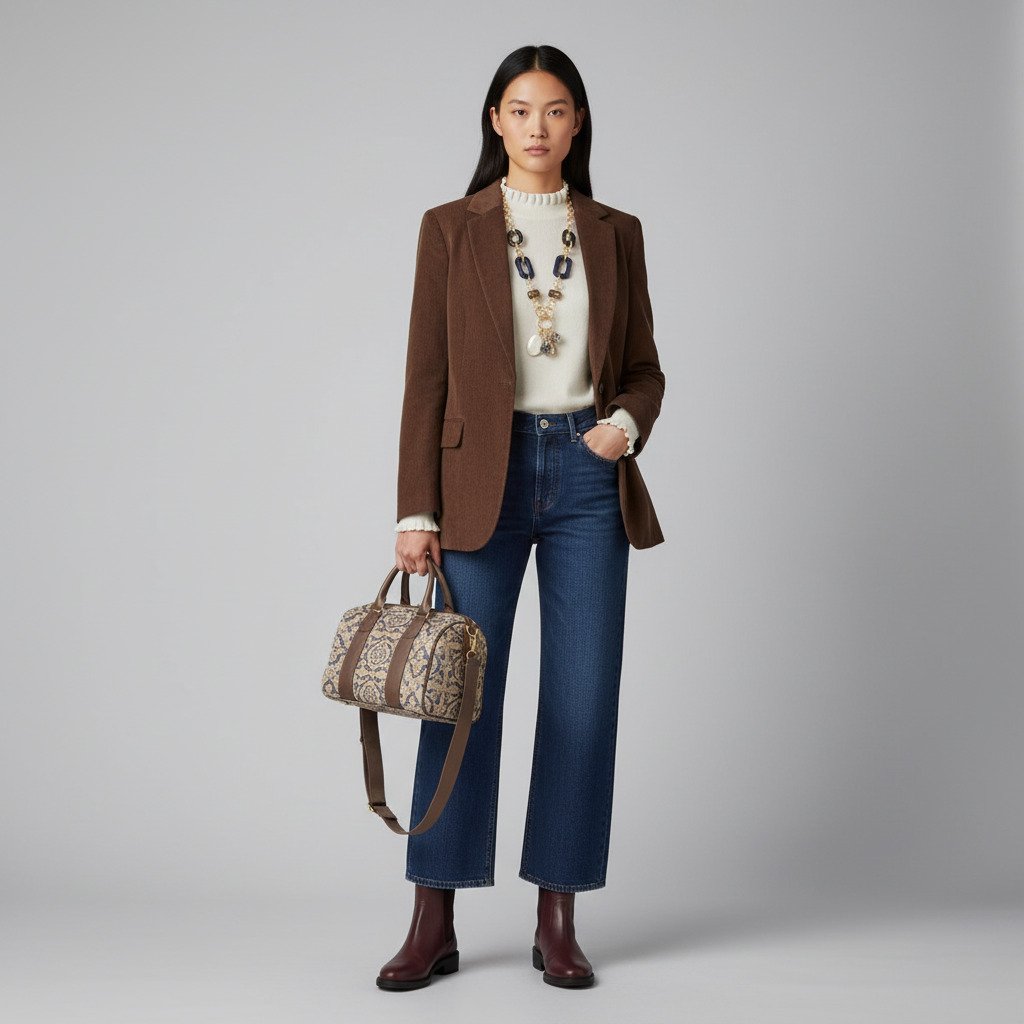 Outfit donna - A lavoro. Stile Casual per Ufficio. Abbinamento con blazer, jeans, maglieria, stivaletti chelsea, collane, borse a spalla. - Virtual Try-On