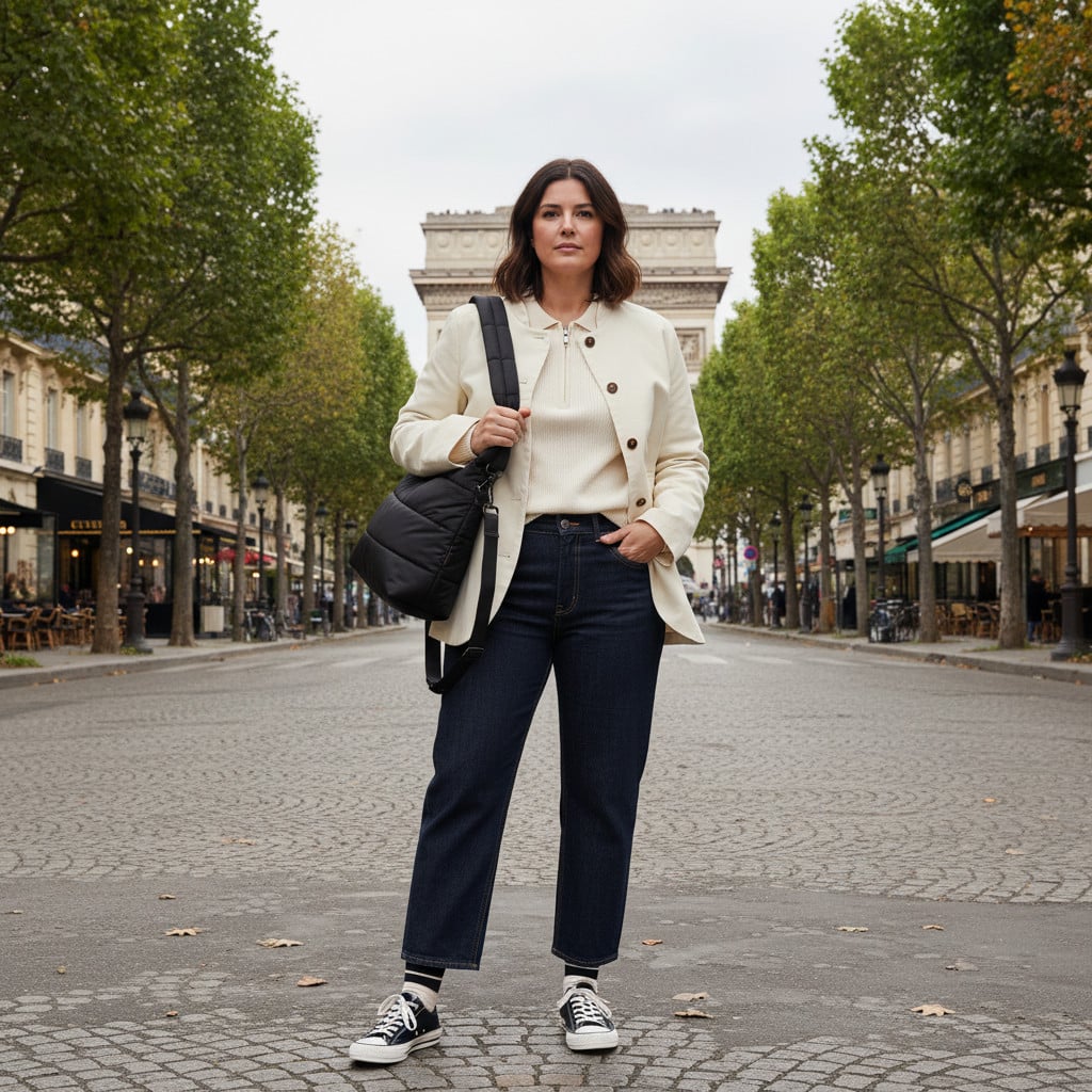 Outfit donna - Basic black and white. Stile Basic per Tutti i giorni. Abbinamento con shopping bag, jeans dritti, giacche, sneakers, maglieria, calzini. - Virtual Try-On