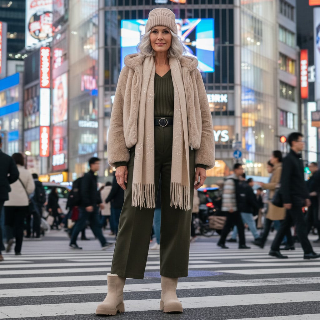 Outfit donna - Verde bosco. Stile Urban per Tutti i giorni. Abbinamento con stivaletti, pantaloni, ecopellicce, maglieria, berretti, sciarpe. - Virtual Try-On