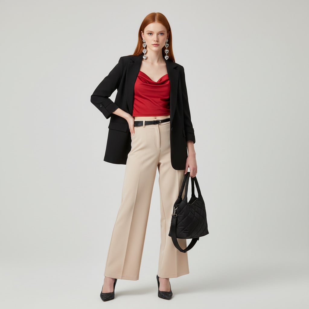 Outfit donna - Total look #2270444. Stile Basic per Ufficio. Abbinamento con pantaloni, shopping bag, blazer, orecchini, décolleté, t-shirt. - Virtual Try-On